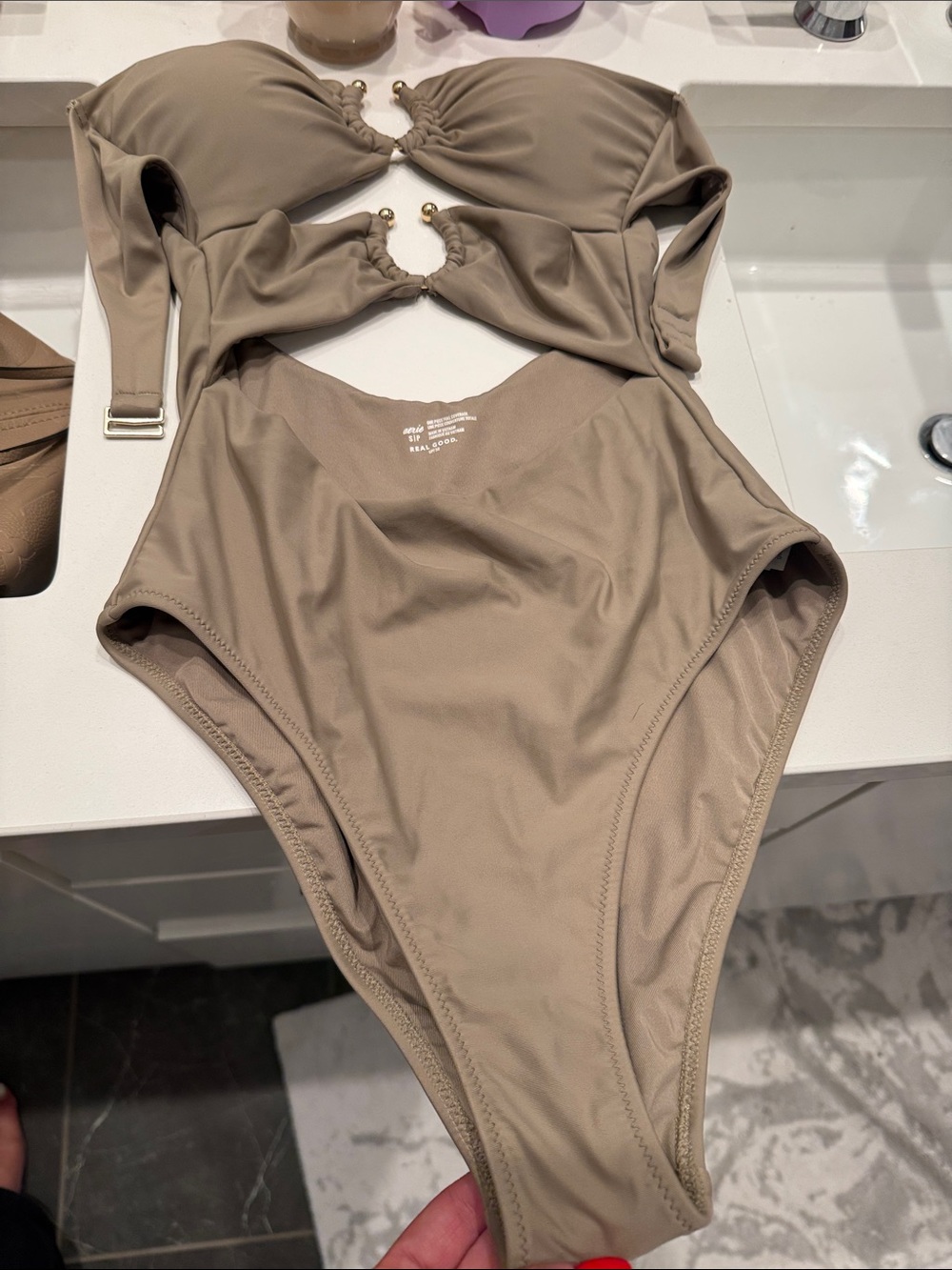 Taupe cutout bathing suit with gold horseshoe detail - never worn!!